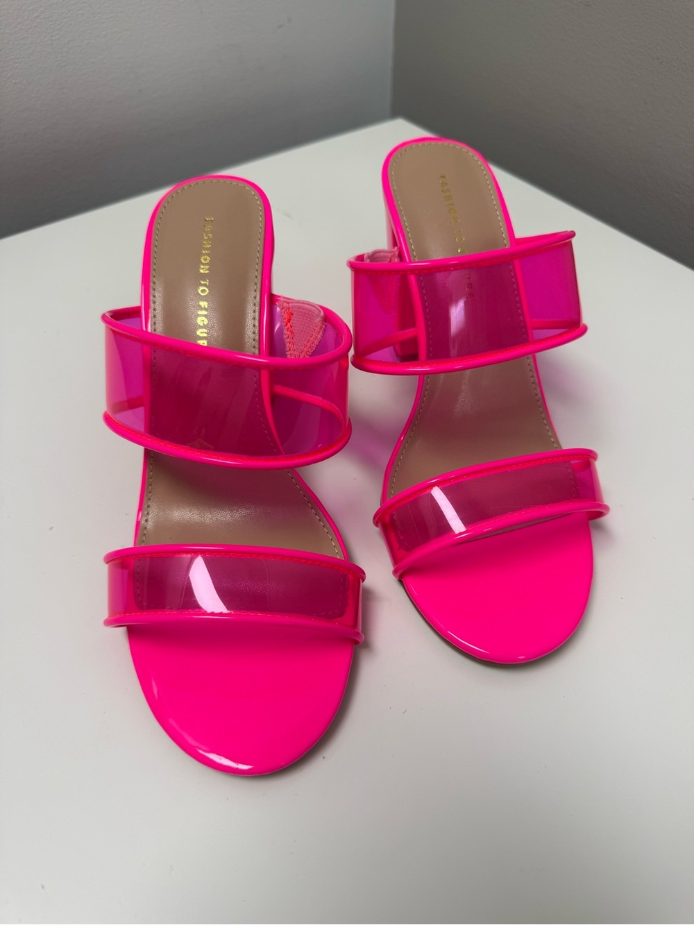 Fashion to Figure Neon Hot Pink Clear-Strap Slide Mules - Berlynne